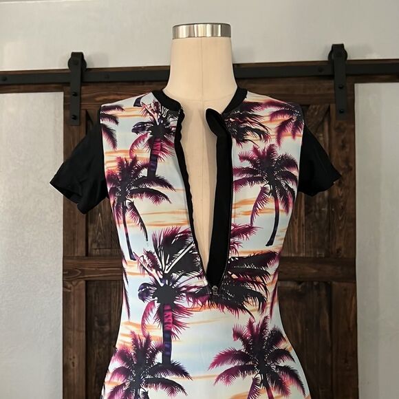 Tropical Palm Tree Prints One Piece Swimsuit Zipper Front Swimwear Small - Picture 9 of 15